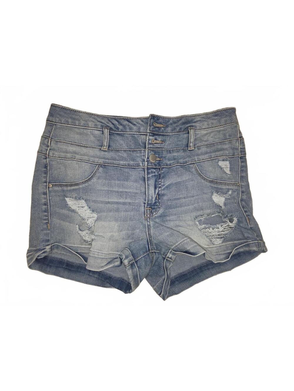 Refuge High-Rise Triple-Button Distressed Light Wash Denim Shorts Size 8